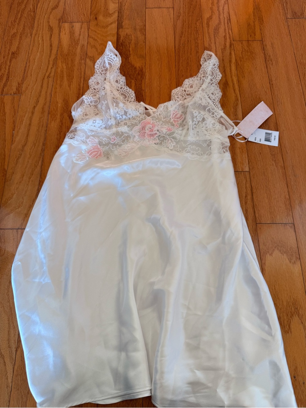 Linea Donatella White Satin Chemise with Pink Floral Lace